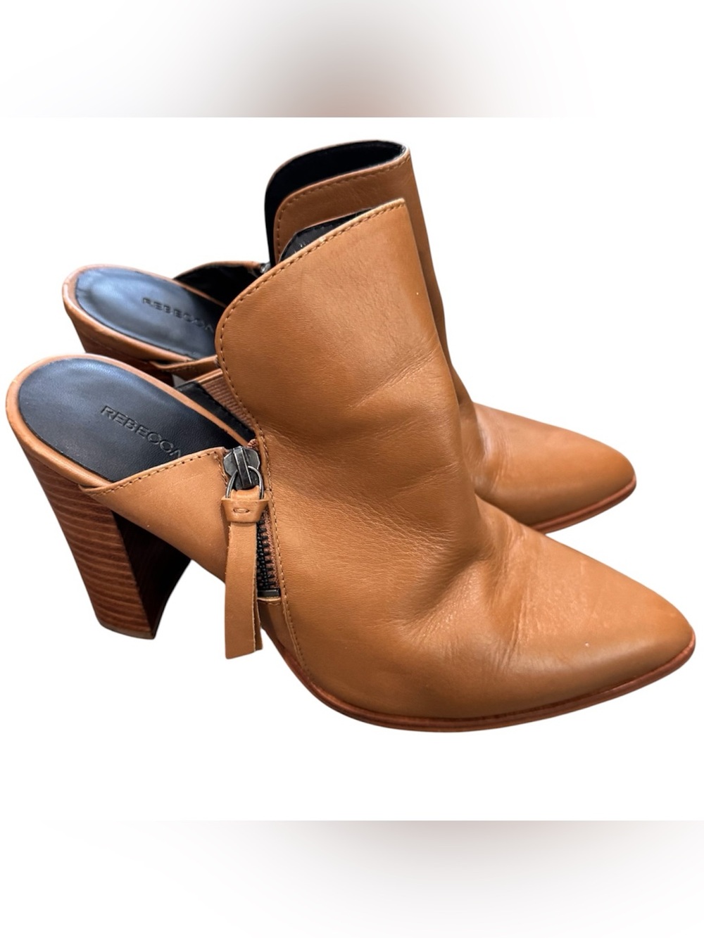 Rebecca Minkoff Aiden Tan Leather Zip-Accent Mule Heels